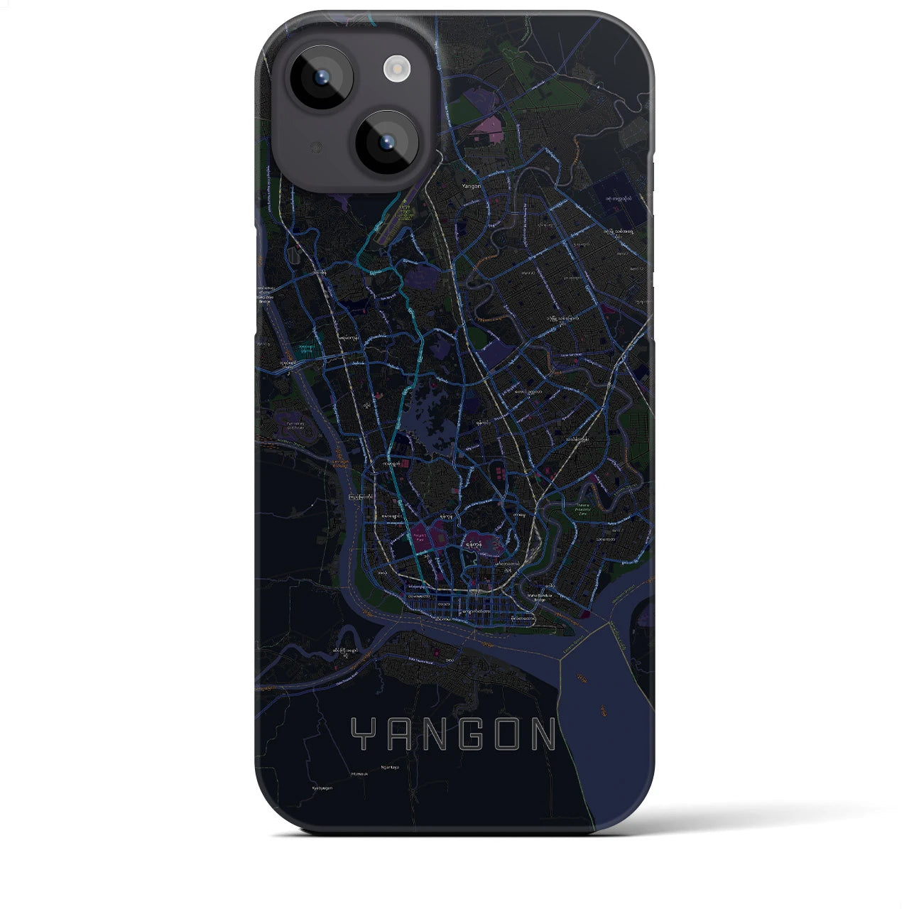 【ヤンゴン】地図柄iPhoneケース（バックカバータイプ・ブラック）iPhone 14 Plus 用