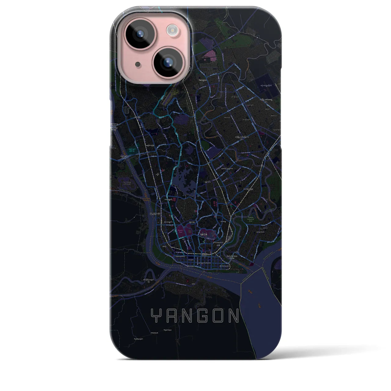 【ヤンゴン】地図柄iPhoneケース（バックカバータイプ・ブラック）iPhone 15 Plus 用