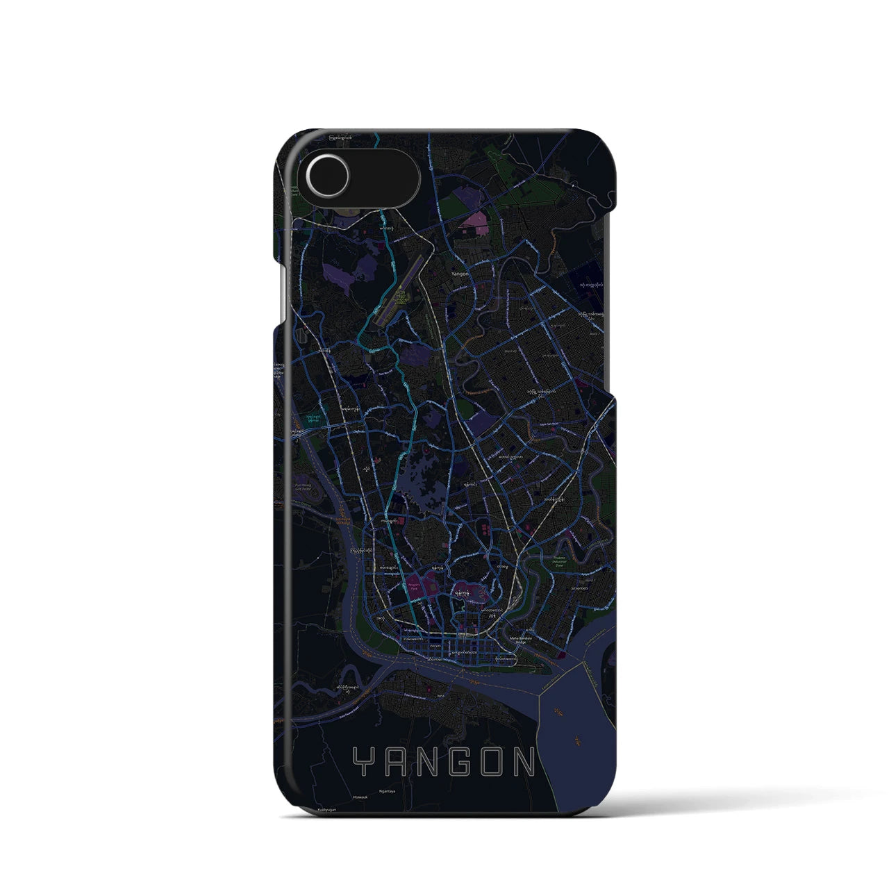 【ヤンゴン】地図柄iPhoneケース（バックカバータイプ・ブラック）iPhone SE（第3 / 第2世代） / 8 / 7 / 6s / 6 用