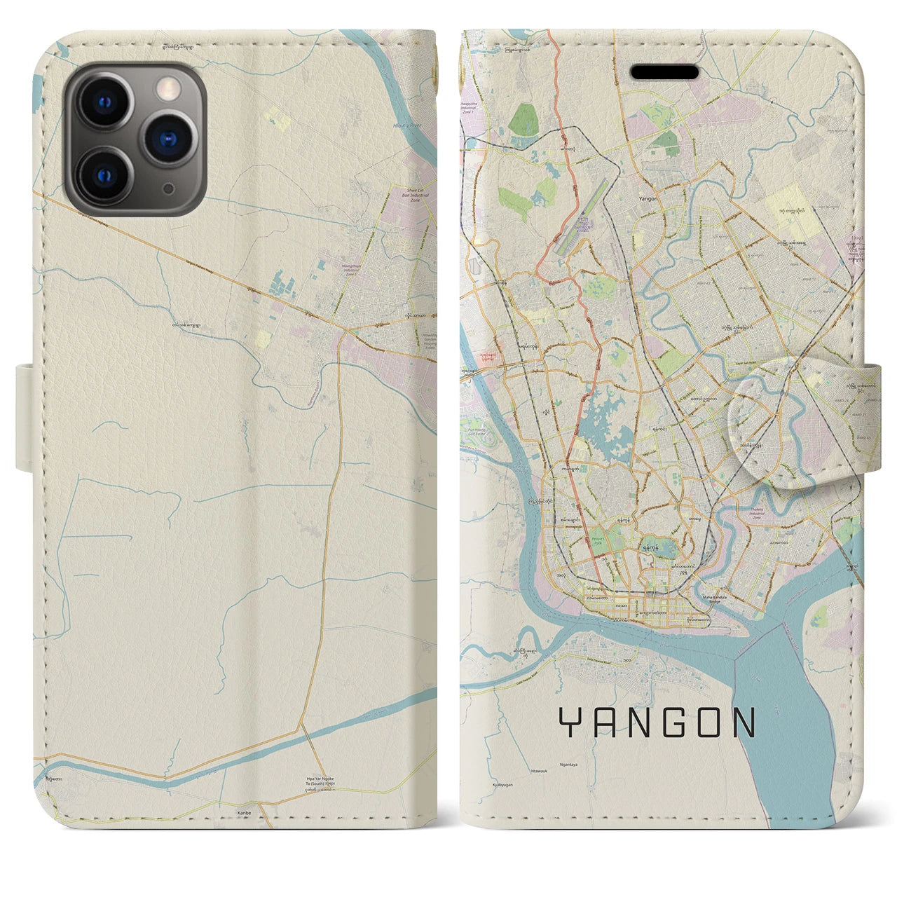 【ヤンゴン】地図柄iPhoneケース（手帳両面タイプ・ナチュラル）iPhone 11 Pro Max 用