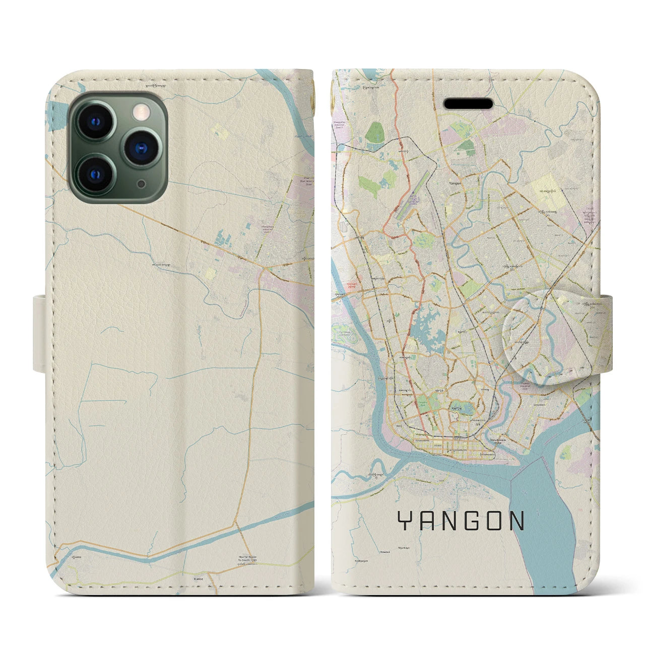 【ヤンゴン】地図柄iPhoneケース（手帳両面タイプ・ナチュラル）iPhone 11 Pro 用