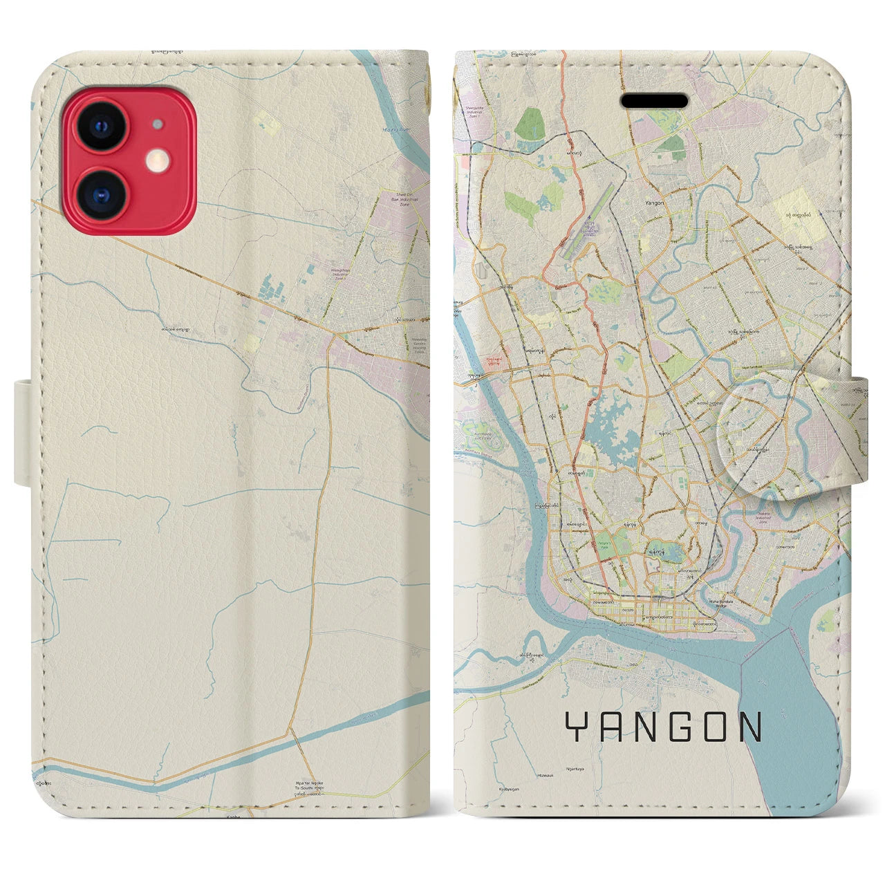 【ヤンゴン】地図柄iPhoneケース（手帳両面タイプ・ナチュラル）iPhone 11 用
