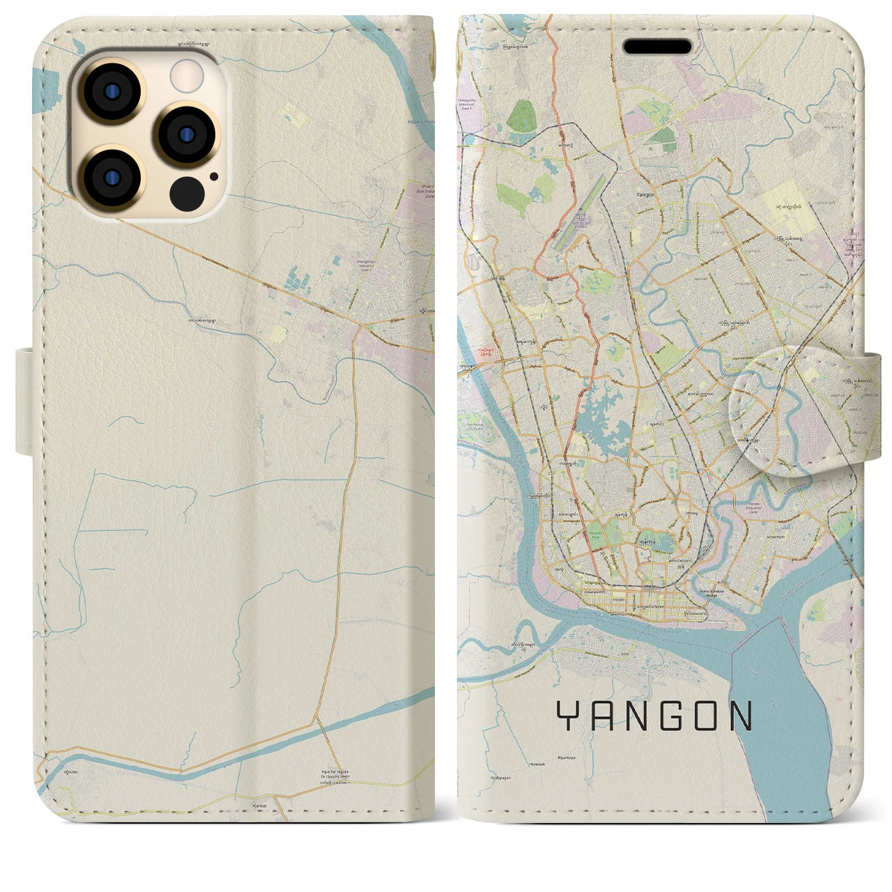 【ヤンゴン】地図柄iPhoneケース（手帳両面タイプ・ナチュラル）iPhone 12 Pro Max 用