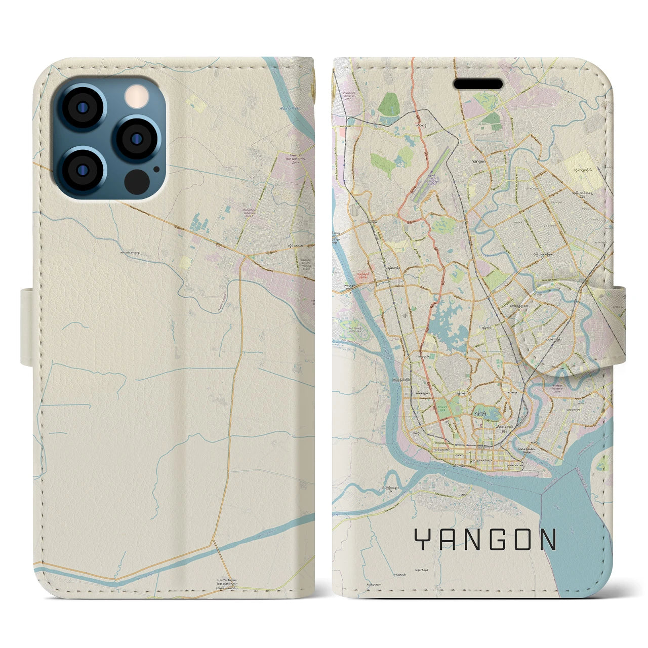 【ヤンゴン】地図柄iPhoneケース（手帳両面タイプ・ナチュラル）iPhone 12 / 12 Pro 用