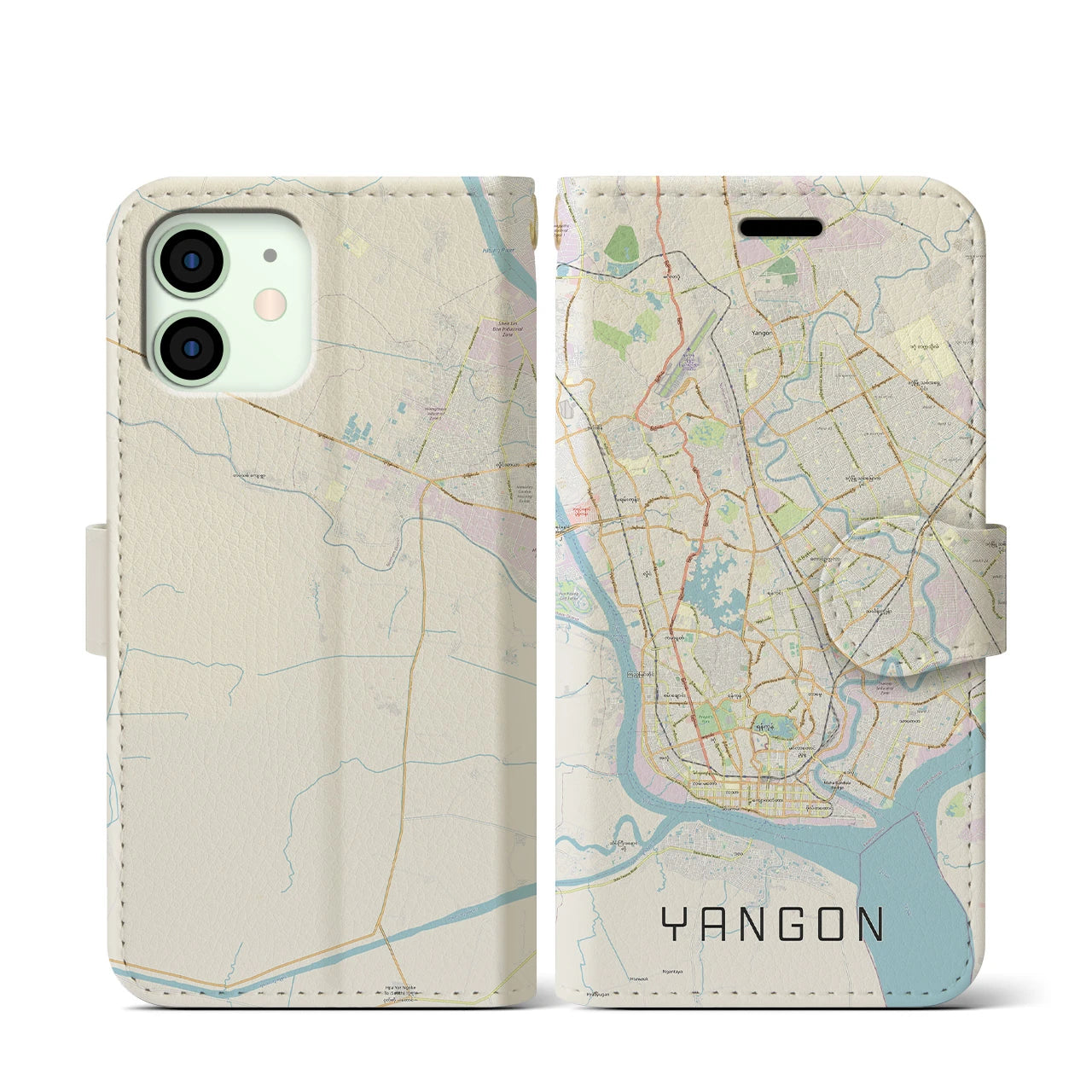 【ヤンゴン】地図柄iPhoneケース（手帳両面タイプ・ナチュラル）iPhone 12 mini 用