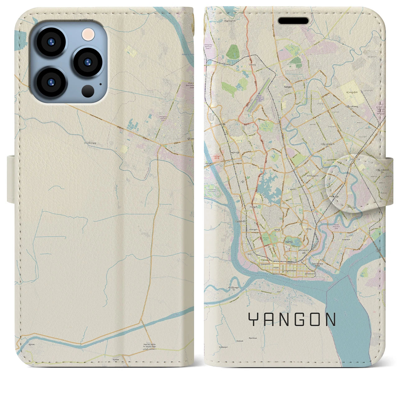 【ヤンゴン】地図柄iPhoneケース（手帳両面タイプ・ナチュラル）iPhone 13 Pro Max 用
