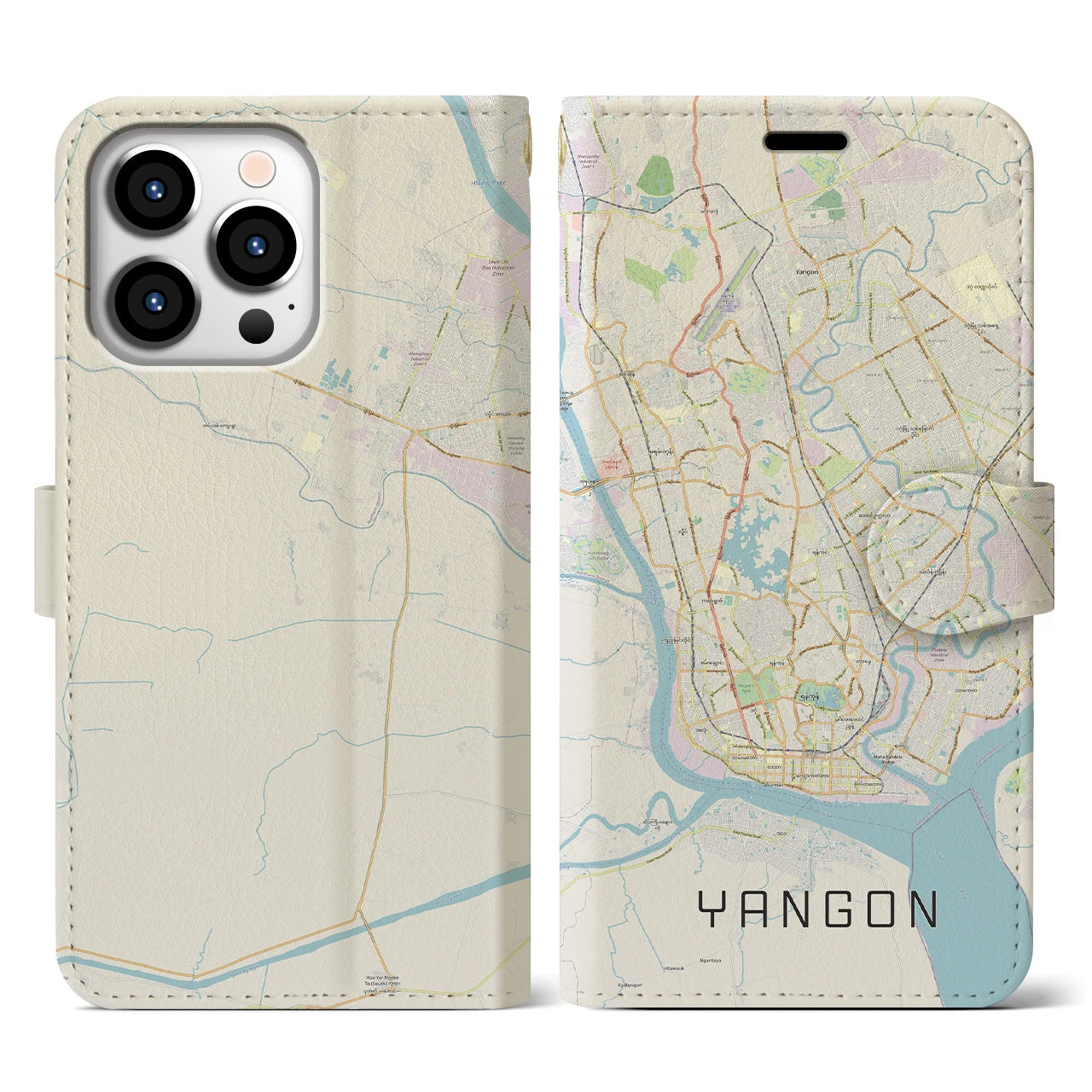 【ヤンゴン】地図柄iPhoneケース（手帳両面タイプ・ナチュラル）iPhone 13 Pro 用