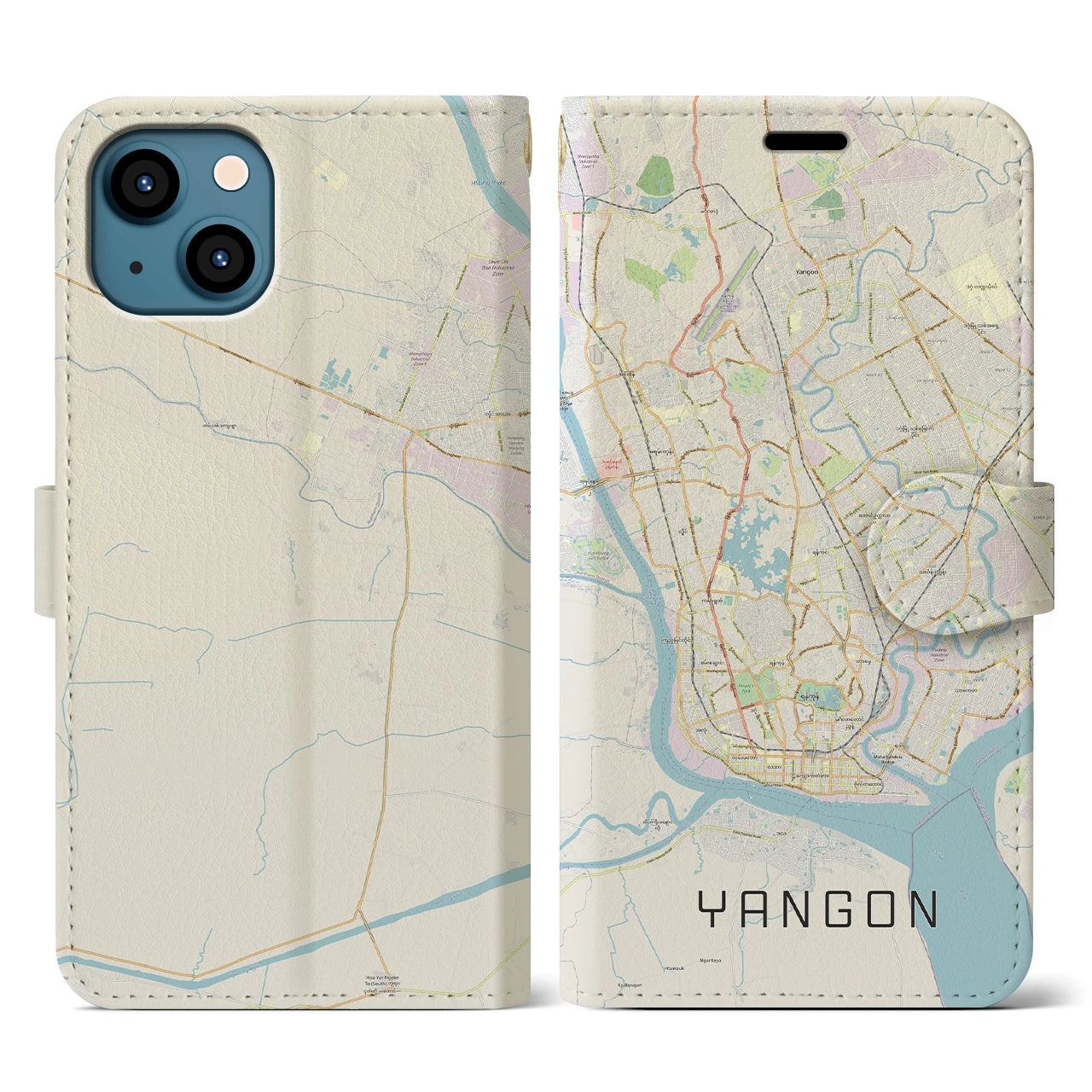 【ヤンゴン】地図柄iPhoneケース（手帳両面タイプ・ナチュラル）iPhone 13 用