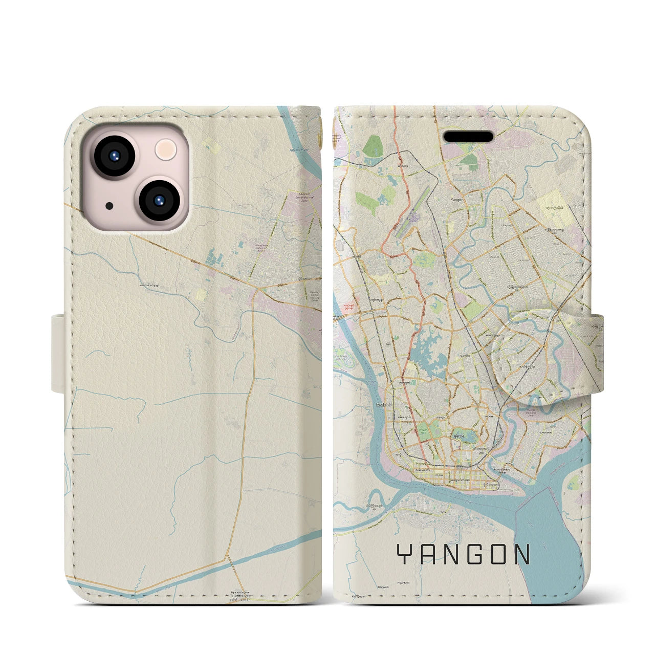 【ヤンゴン】地図柄iPhoneケース（手帳両面タイプ・ナチュラル）iPhone 13 mini 用