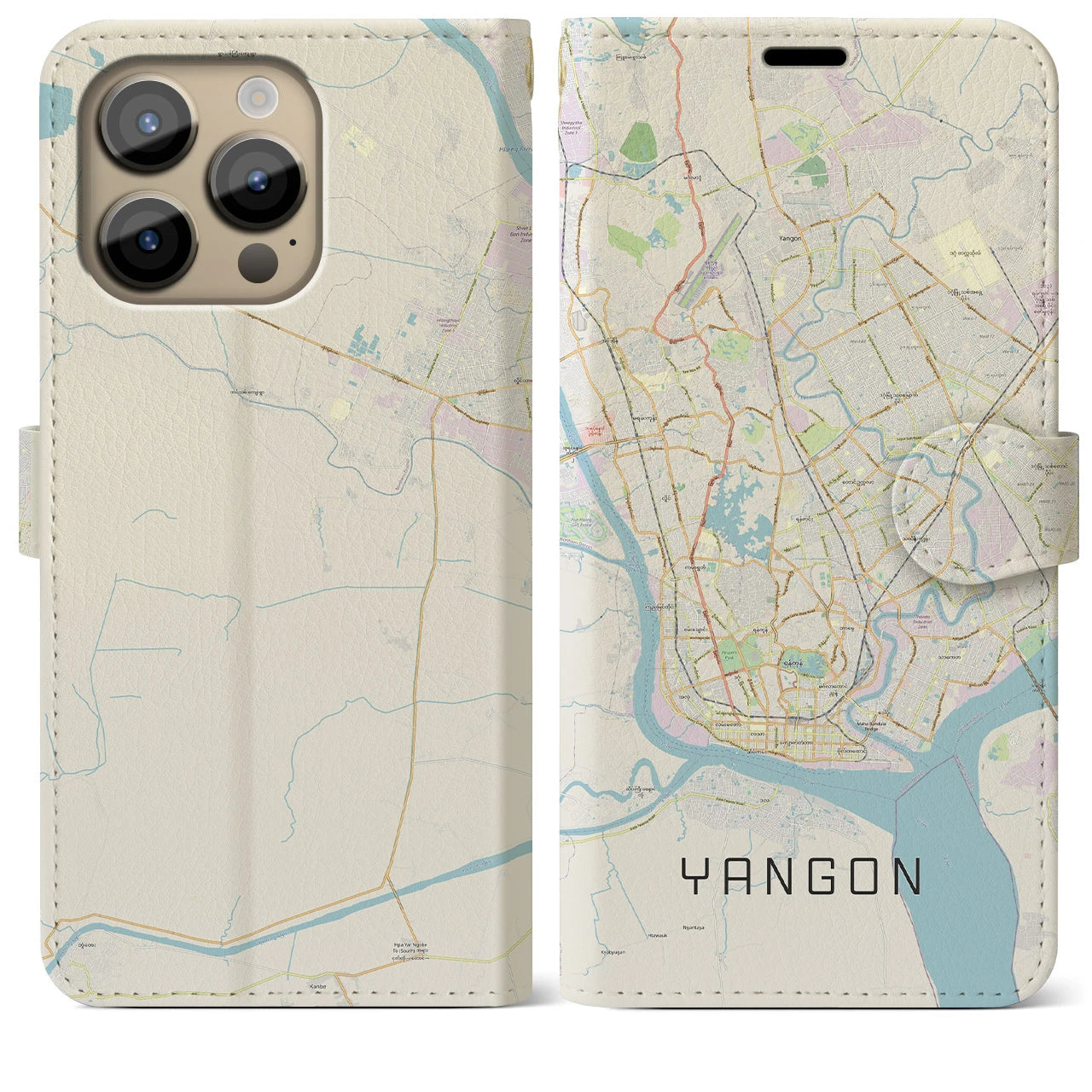 【ヤンゴン】地図柄iPhoneケース（手帳両面タイプ・ナチュラル）iPhone 14 Pro Max 用