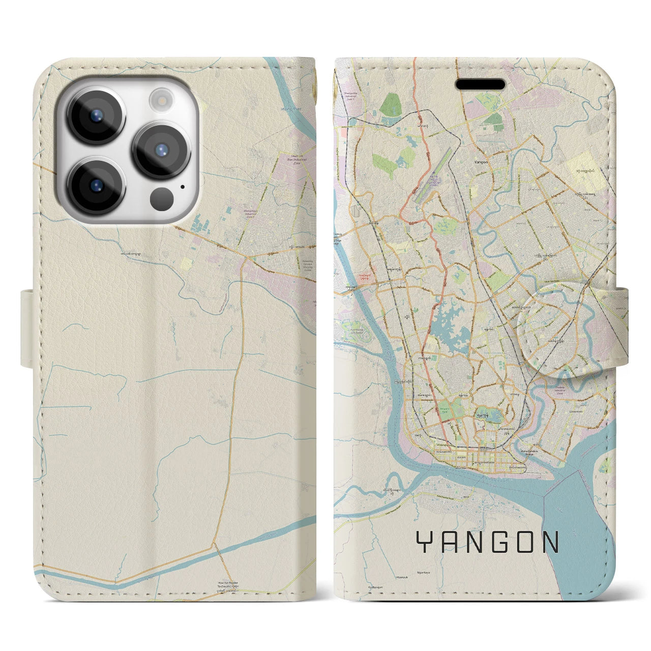 【ヤンゴン】地図柄iPhoneケース（手帳両面タイプ・ナチュラル）iPhone 14 Pro 用