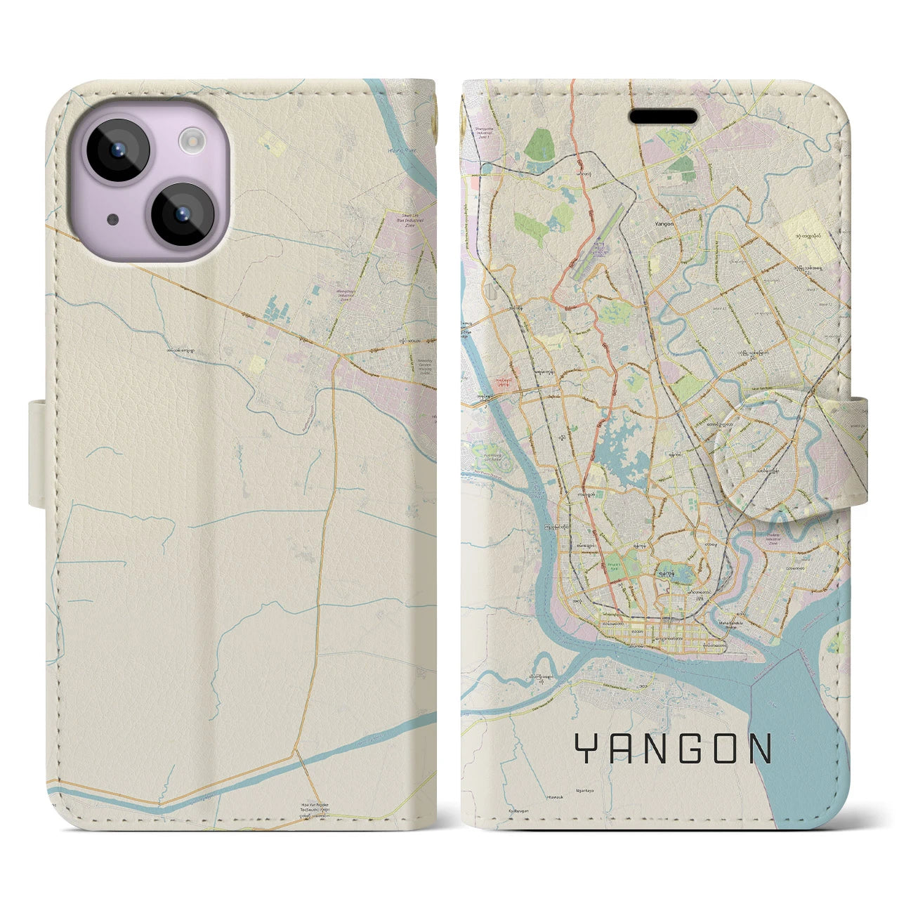 【ヤンゴン】地図柄iPhoneケース（手帳両面タイプ・ナチュラル）iPhone 14 用