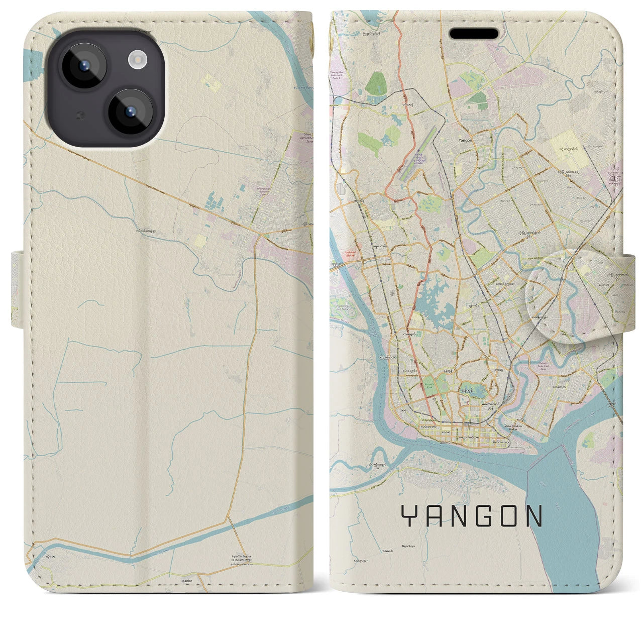 【ヤンゴン】地図柄iPhoneケース（手帳両面タイプ・ナチュラル）iPhone 14 Plus 用