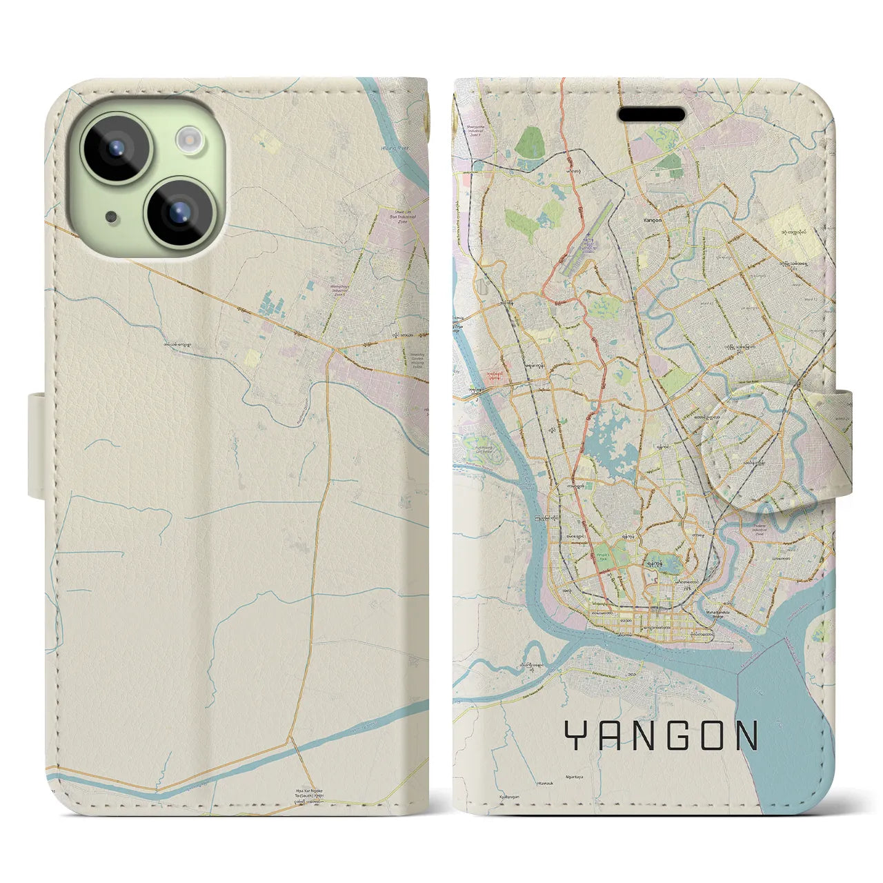 【ヤンゴン】地図柄iPhoneケース（手帳両面タイプ・ナチュラル）iPhone 15 用