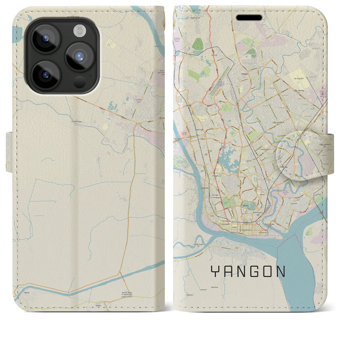 【ヤンゴン】地図柄iPhoneケース（手帳両面タイプ・ナチュラル）iPhone 15 Pro Max 用