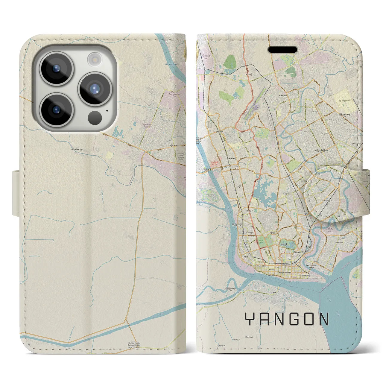 【ヤンゴン】地図柄iPhoneケース（手帳両面タイプ・ナチュラル）iPhone 15 Pro 用