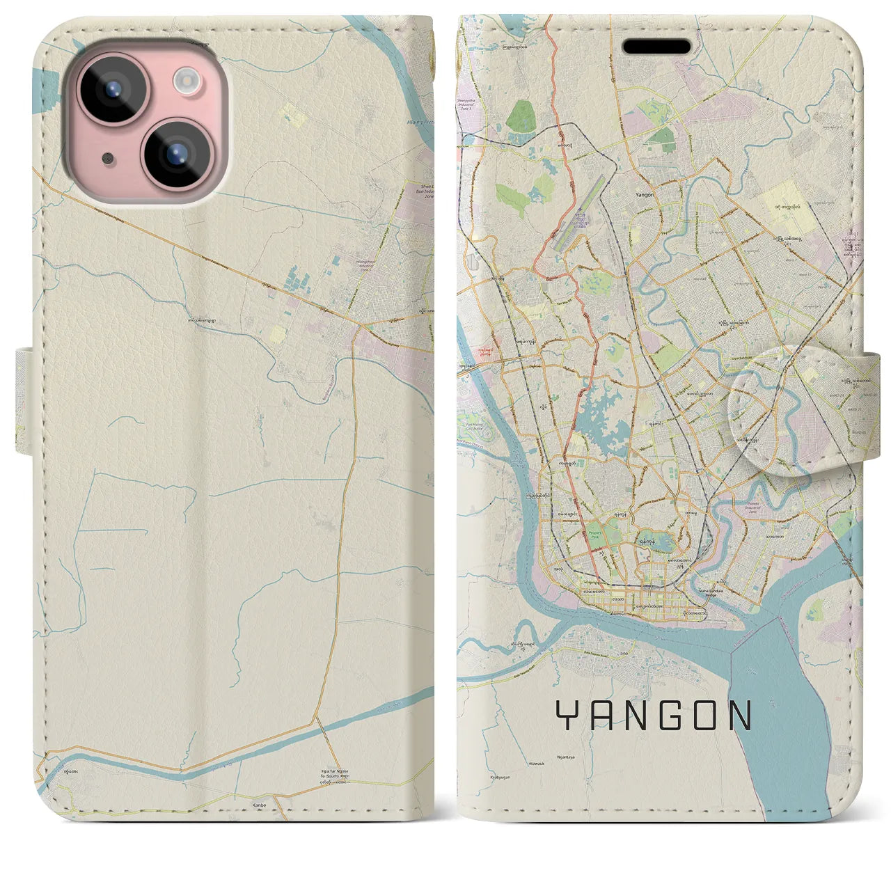 【ヤンゴン】地図柄iPhoneケース（手帳両面タイプ・ナチュラル）iPhone 15 Plus 用