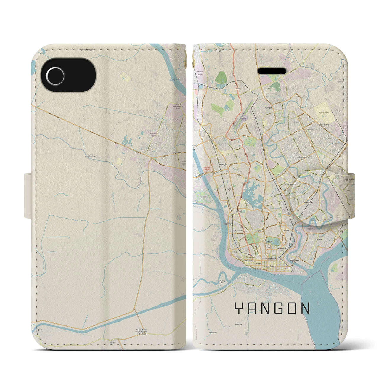 【ヤンゴン】地図柄iPhoneケース（手帳両面タイプ・ナチュラル）iPhone SE（第3 / 第2世代） / 8 / 7 / 6s / 6 用