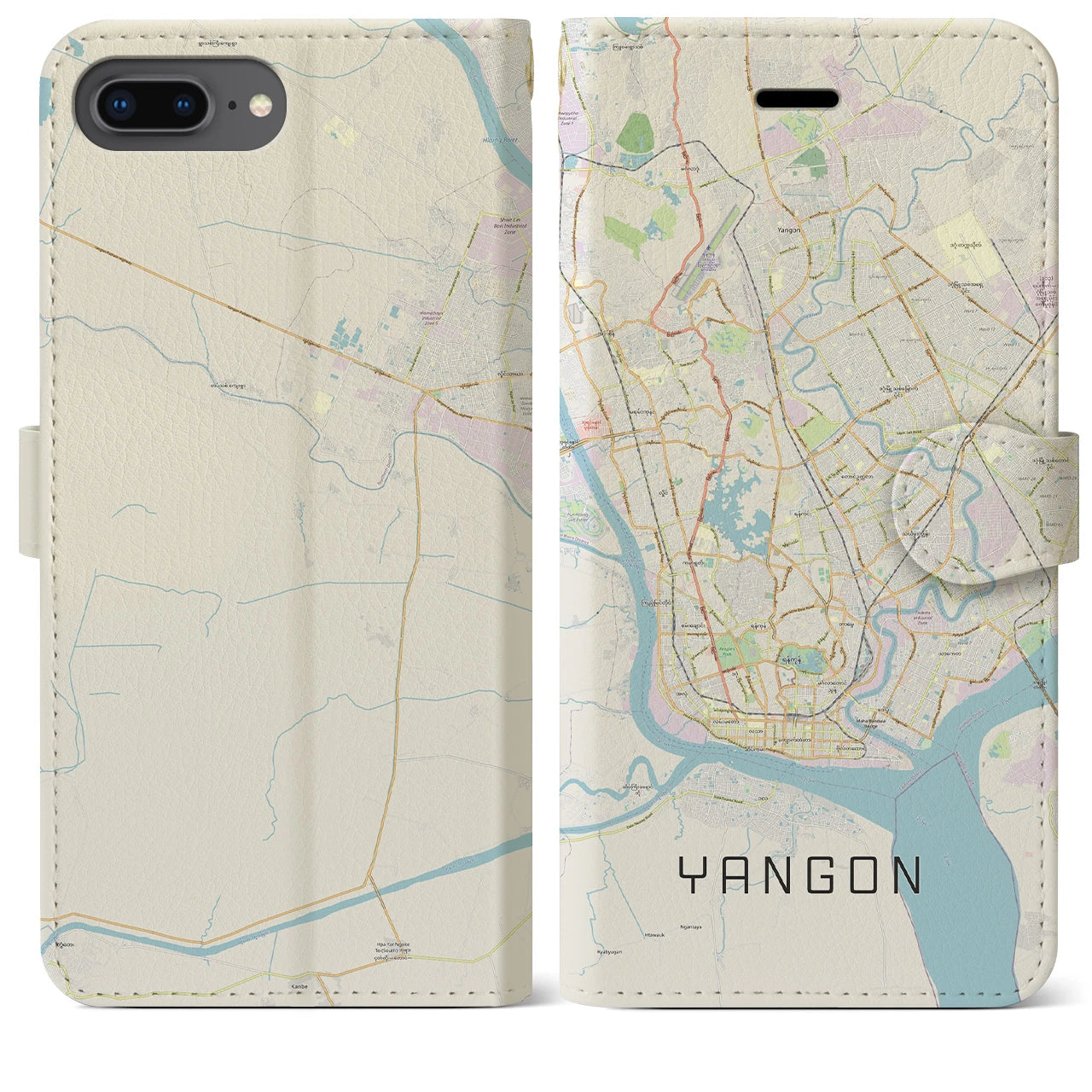 【ヤンゴン】地図柄iPhoneケース（手帳両面タイプ・ナチュラル）iPhone 8Plus /7Plus / 6sPlus / 6Plus 用