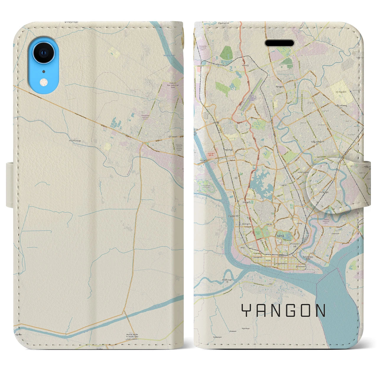 【ヤンゴン】地図柄iPhoneケース（手帳両面タイプ・ナチュラル）iPhone XR 用