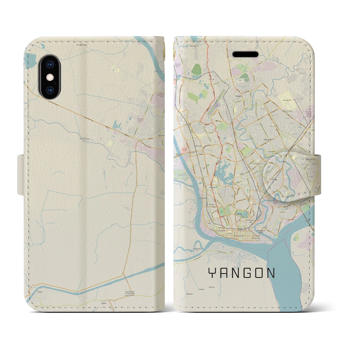 【ヤンゴン】地図柄iPhoneケース（手帳両面タイプ・ナチュラル）iPhone XS / X 用