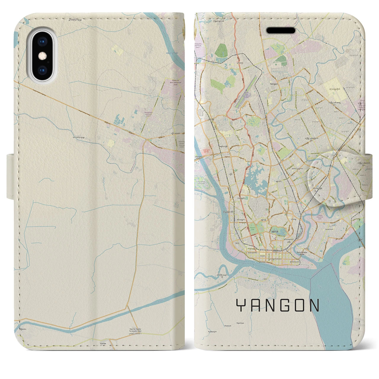 【ヤンゴン】地図柄iPhoneケース（手帳両面タイプ・ナチュラル）iPhone XS Max 用
