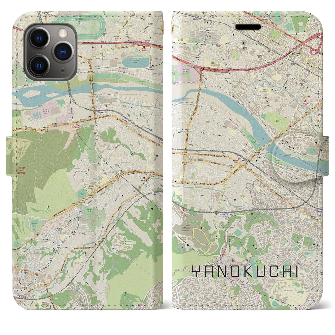 【矢野口】地図柄iPhoneケース（手帳両面タイプ・ナチュラル）iPhone 11 Pro Max 用