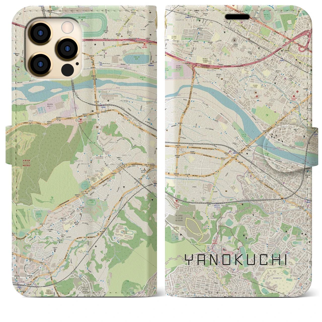 【矢野口】地図柄iPhoneケース（手帳両面タイプ・ナチュラル）iPhone 12 Pro Max 用