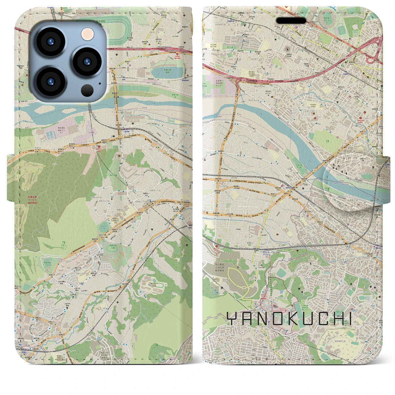 【矢野口】地図柄iPhoneケース（手帳両面タイプ・ナチュラル）iPhone 13 Pro Max 用