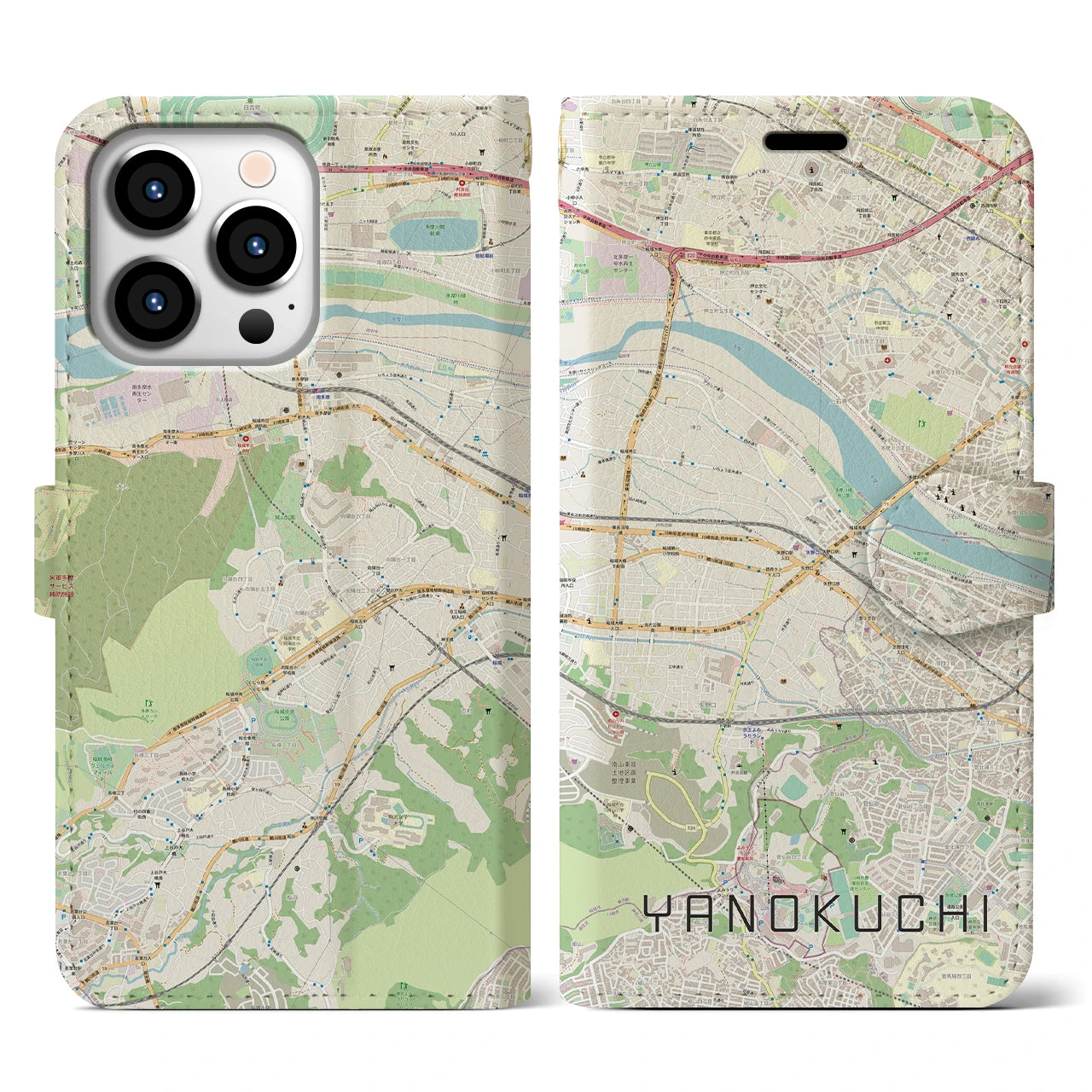 【矢野口】地図柄iPhoneケース（手帳両面タイプ・ナチュラル）iPhone 13 Pro 用