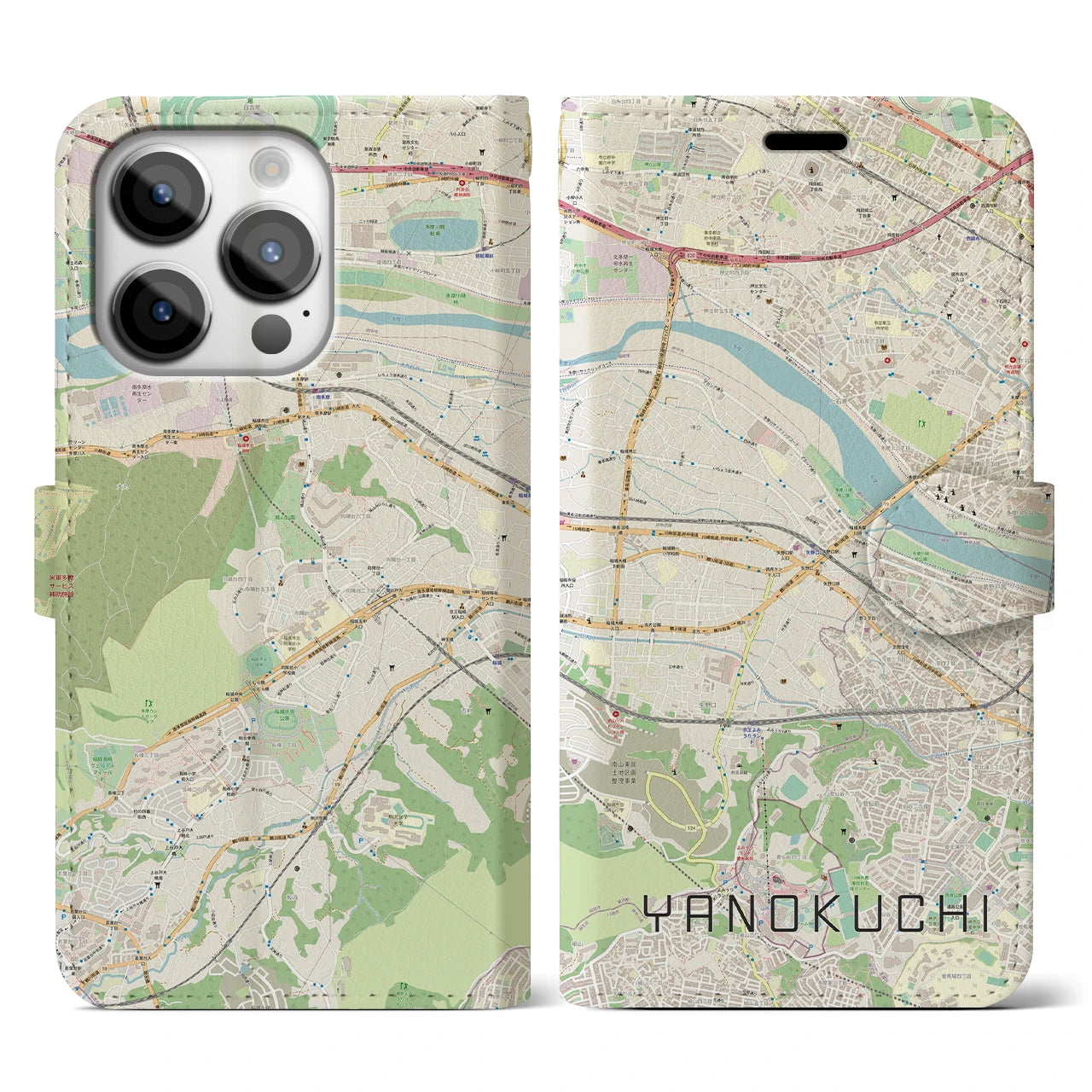 【矢野口】地図柄iPhoneケース（手帳両面タイプ・ナチュラル）iPhone 14 Pro 用