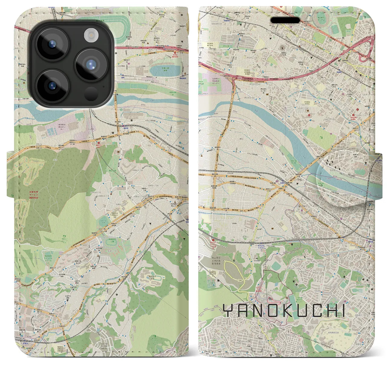 【矢野口】地図柄iPhoneケース（手帳両面タイプ・ナチュラル）iPhone 15 Pro Max 用
