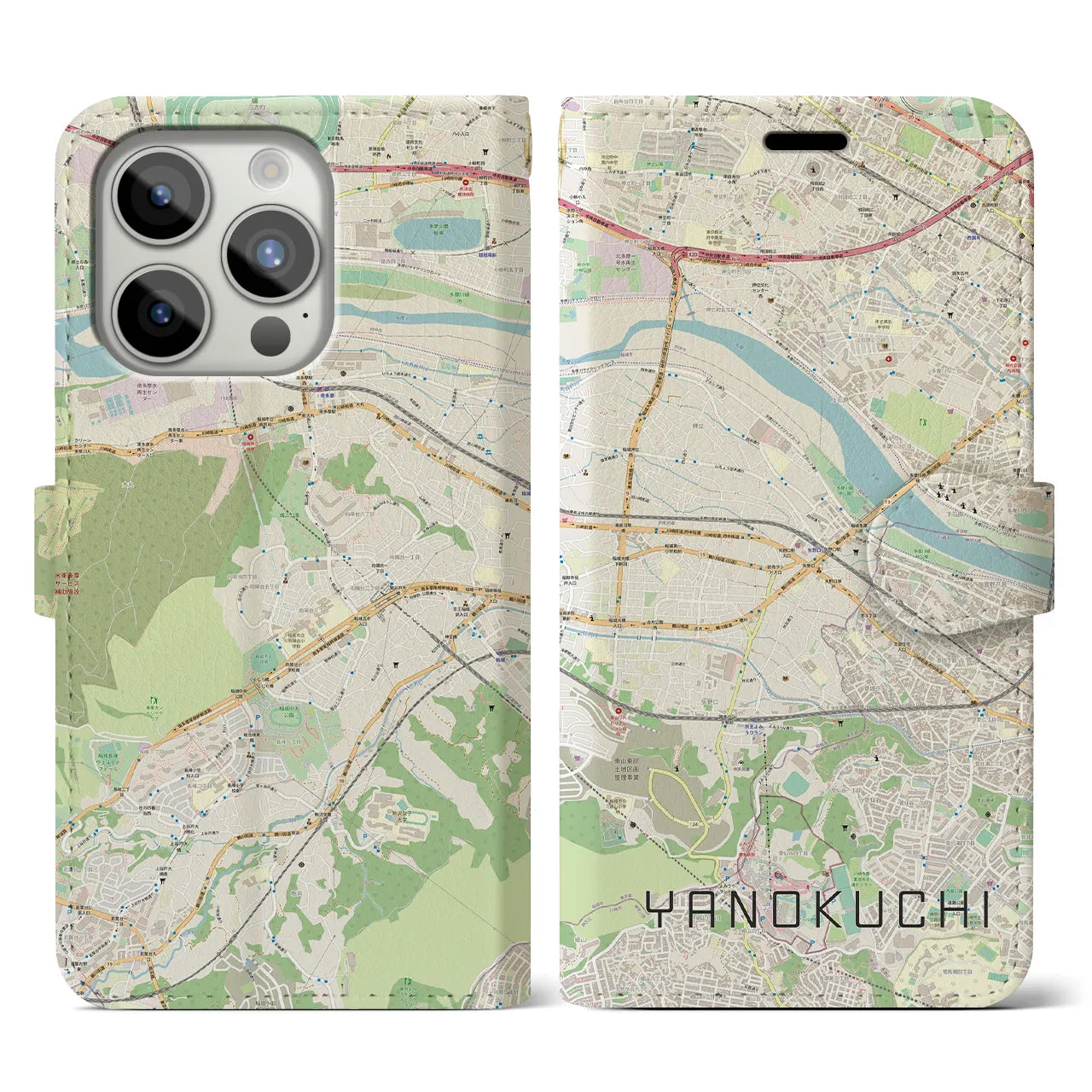 【矢野口】地図柄iPhoneケース（手帳両面タイプ・ナチュラル）iPhone 15 Pro 用