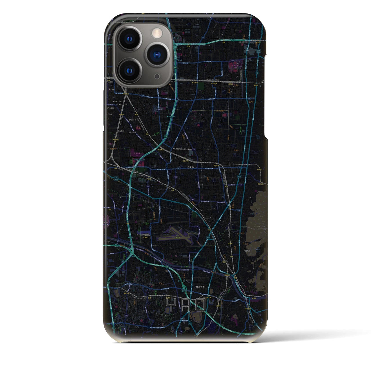 【八尾】地図柄iPhoneケース（バックカバータイプ・ブラック）iPhone 11 Pro Max 用