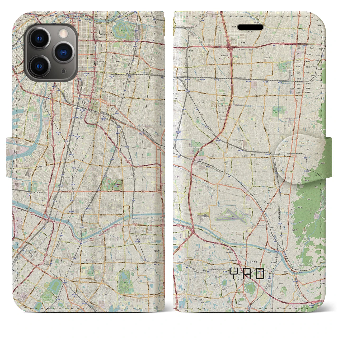 【八尾】地図柄iPhoneケース（手帳両面タイプ・ナチュラル）iPhone 11 Pro Max 用