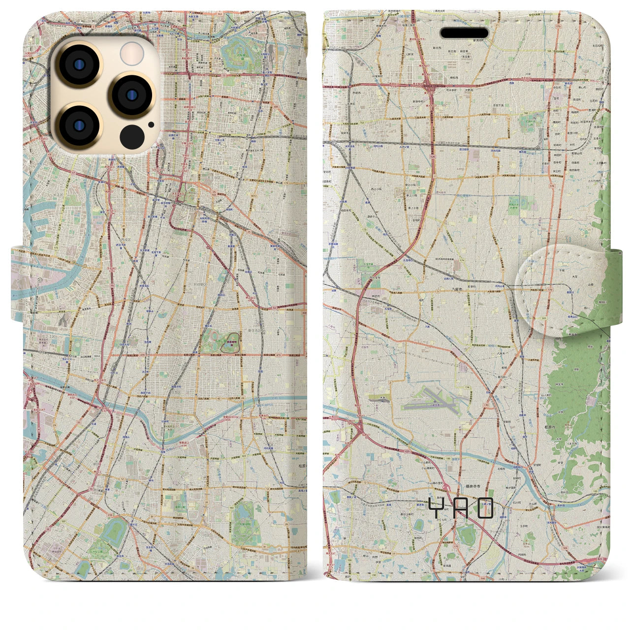 【八尾】地図柄iPhoneケース（手帳両面タイプ・ナチュラル）iPhone 12 Pro Max 用