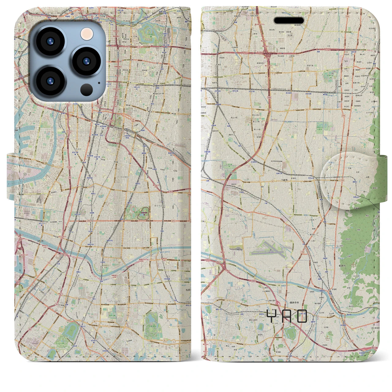 【八尾】地図柄iPhoneケース（手帳両面タイプ・ナチュラル）iPhone 13 Pro Max 用
