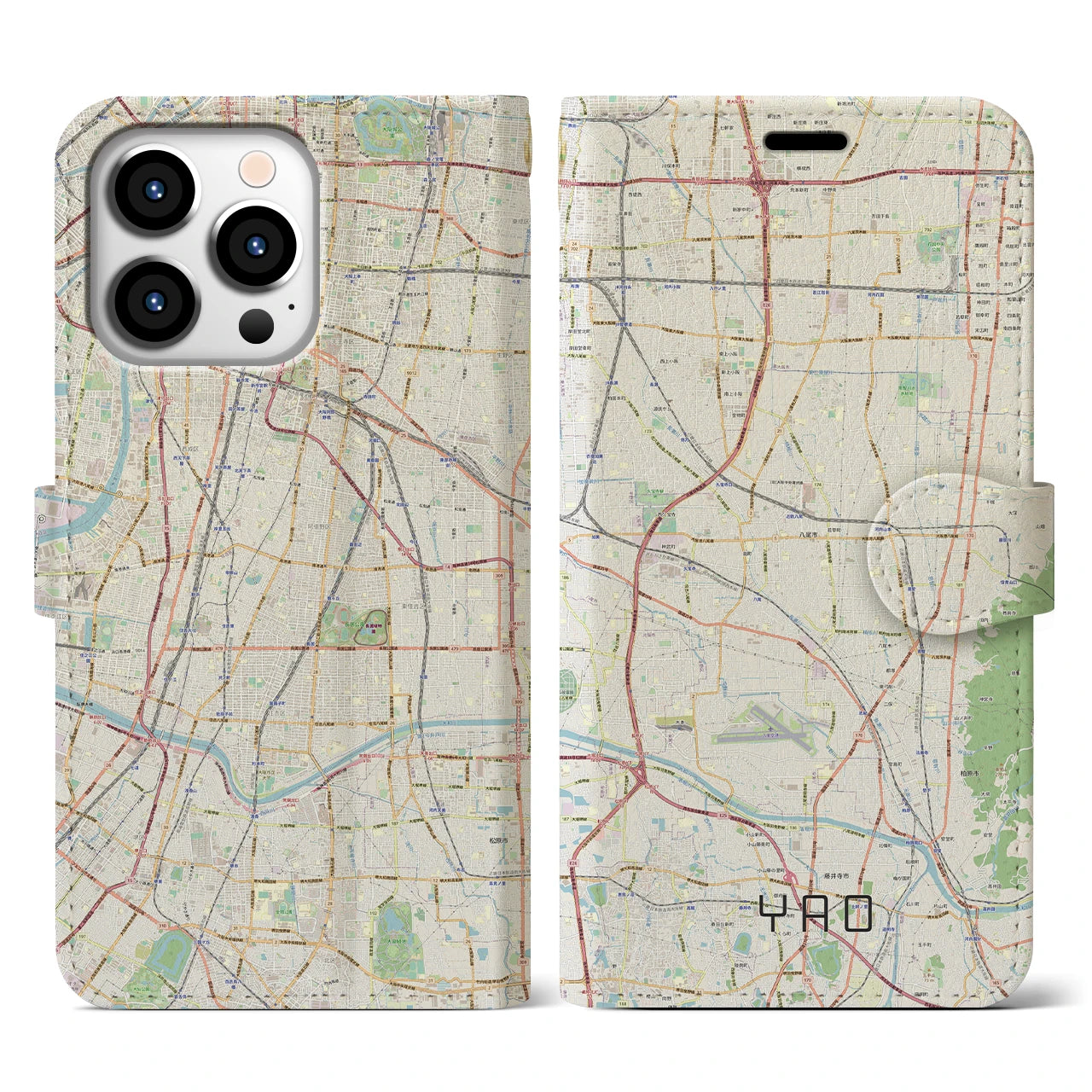 【八尾】地図柄iPhoneケース（手帳両面タイプ・ナチュラル）iPhone 13 Pro 用