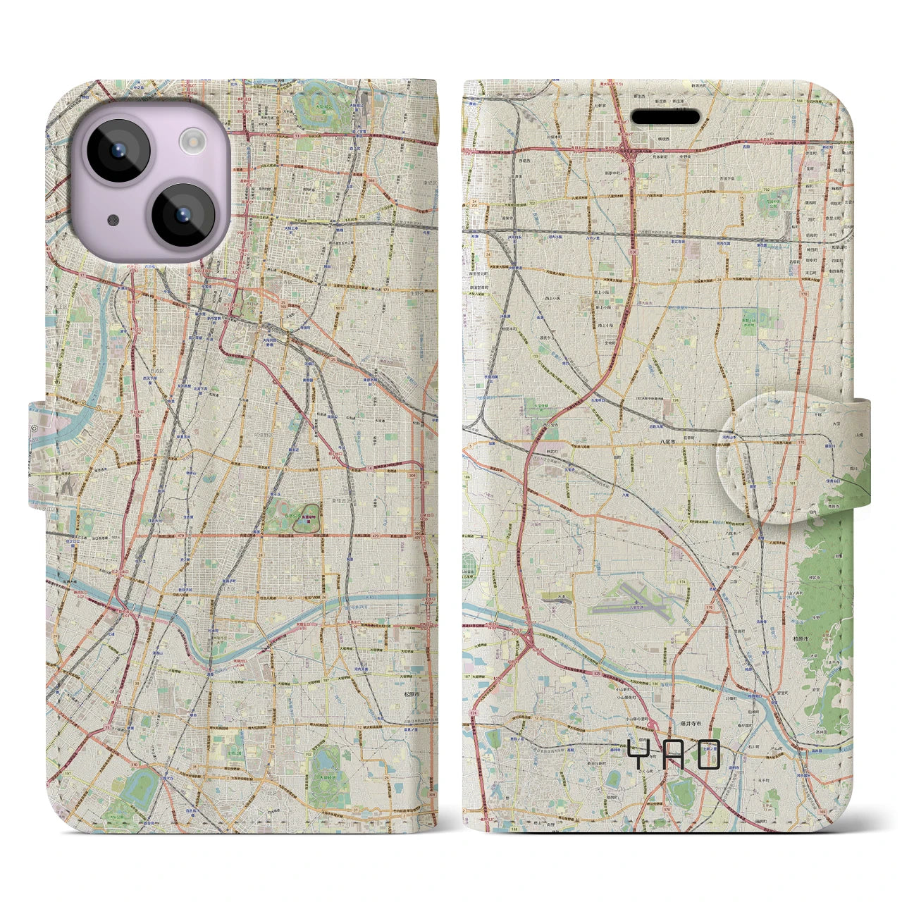 【八尾】地図柄iPhoneケース（手帳両面タイプ・ナチュラル）iPhone 14 用