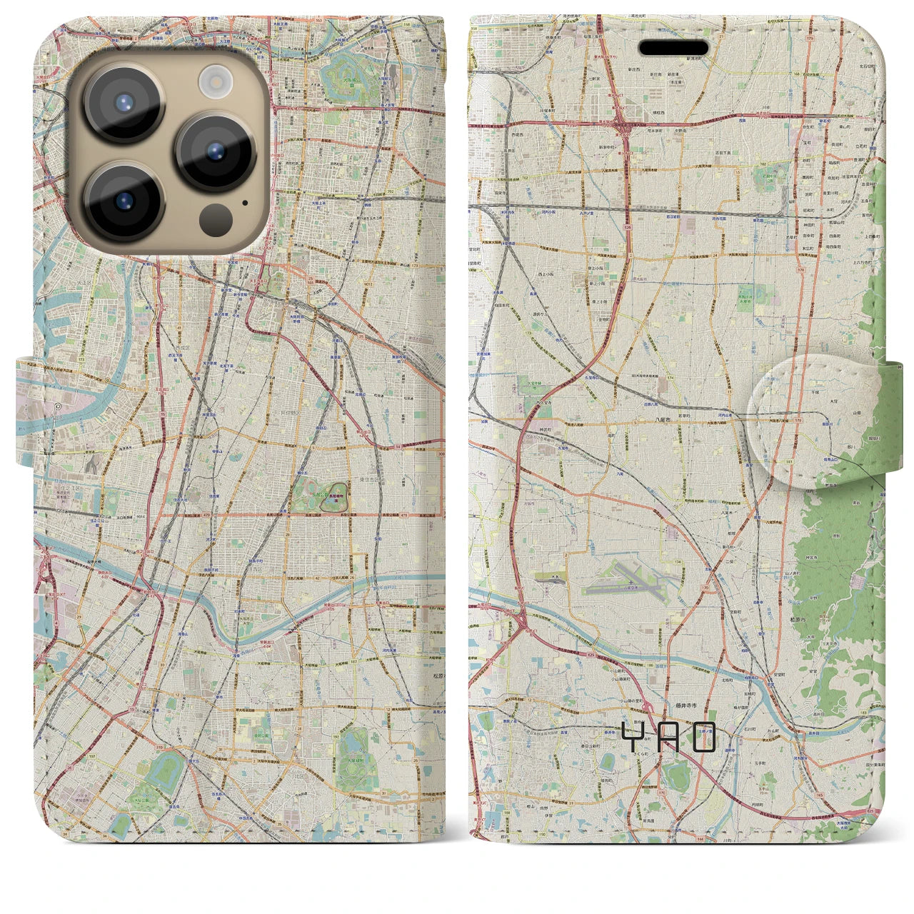 【八尾】地図柄iPhoneケース（手帳両面タイプ・ナチュラル）iPhone 14 Pro Max 用