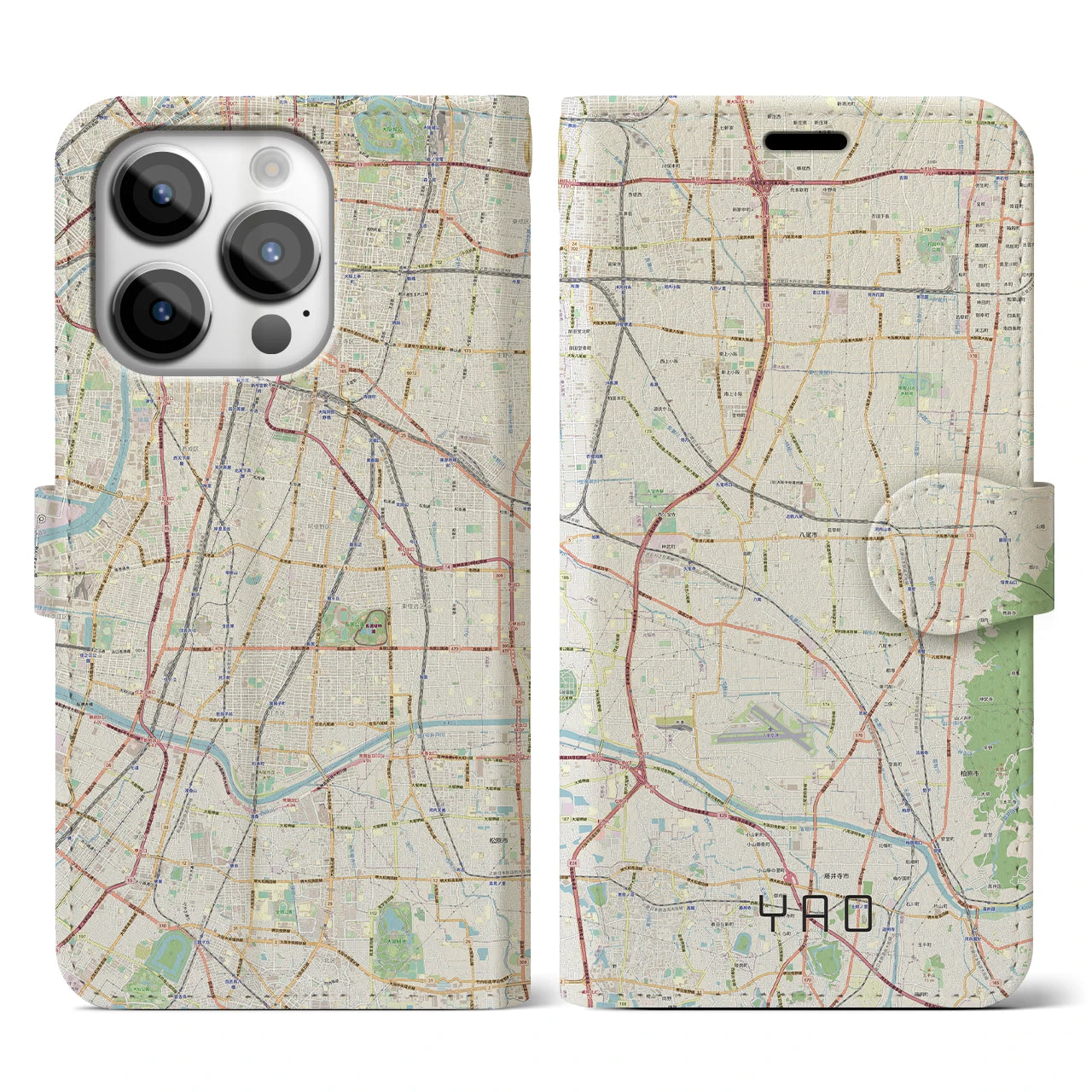 【八尾】地図柄iPhoneケース（手帳両面タイプ・ナチュラル）iPhone 14 Pro 用