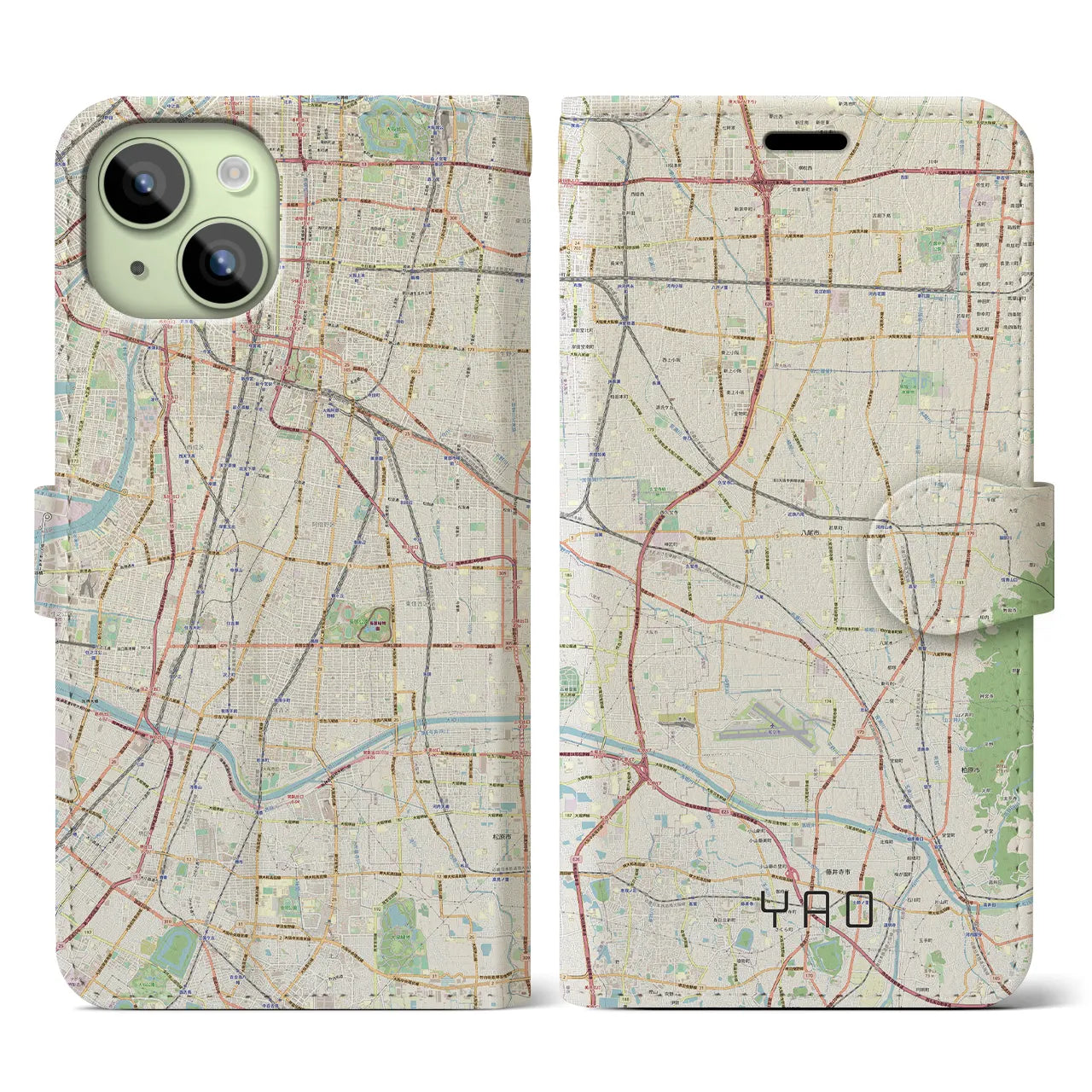 【八尾】地図柄iPhoneケース（手帳両面タイプ・ナチュラル）iPhone 15 用