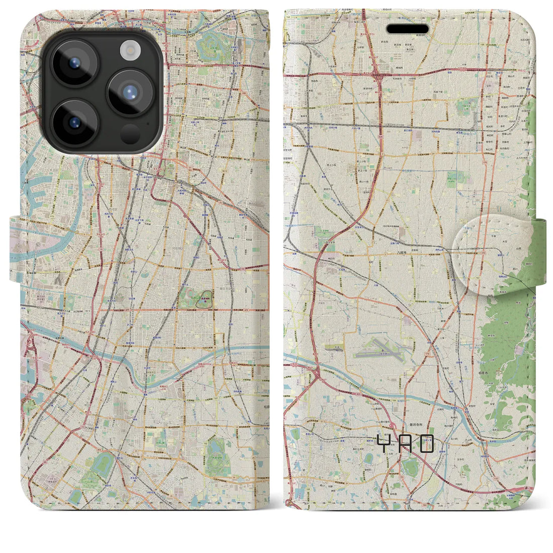 【八尾】地図柄iPhoneケース（手帳両面タイプ・ナチュラル）iPhone 15 Pro Max 用