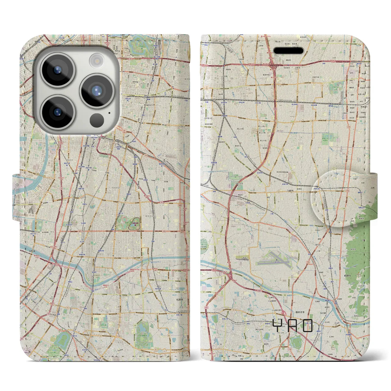 【八尾】地図柄iPhoneケース（手帳両面タイプ・ナチュラル）iPhone 15 Pro 用