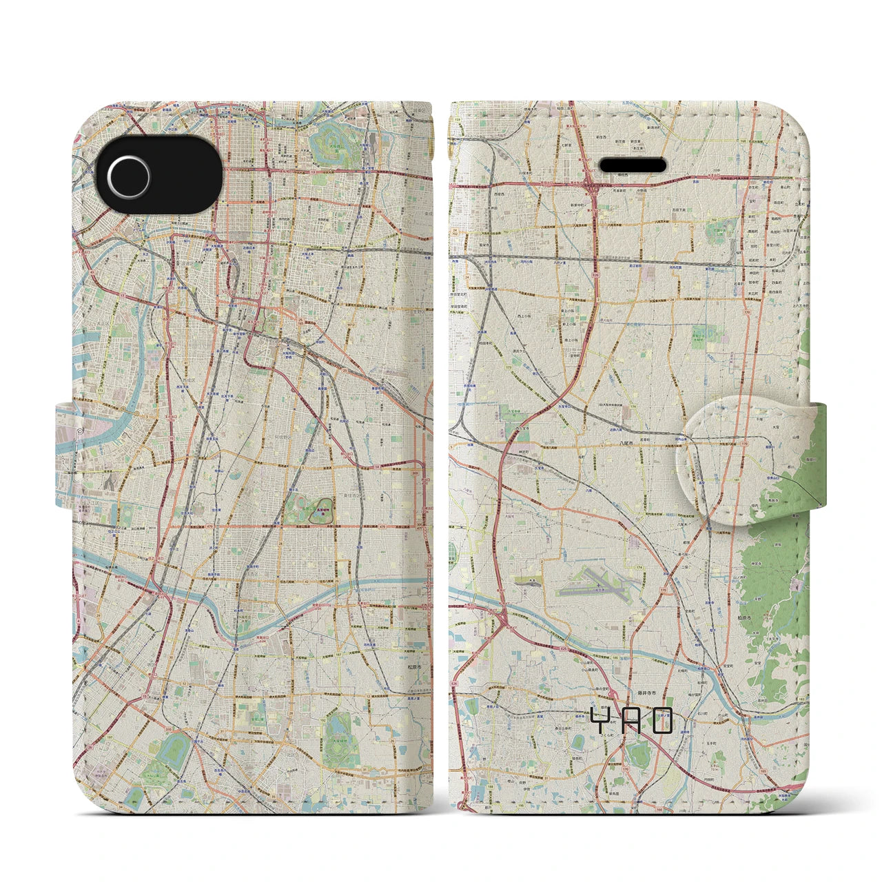 【八尾】地図柄iPhoneケース（手帳両面タイプ・ナチュラル）iPhone SE（第3 / 第2世代） / 8 / 7 / 6s / 6 用