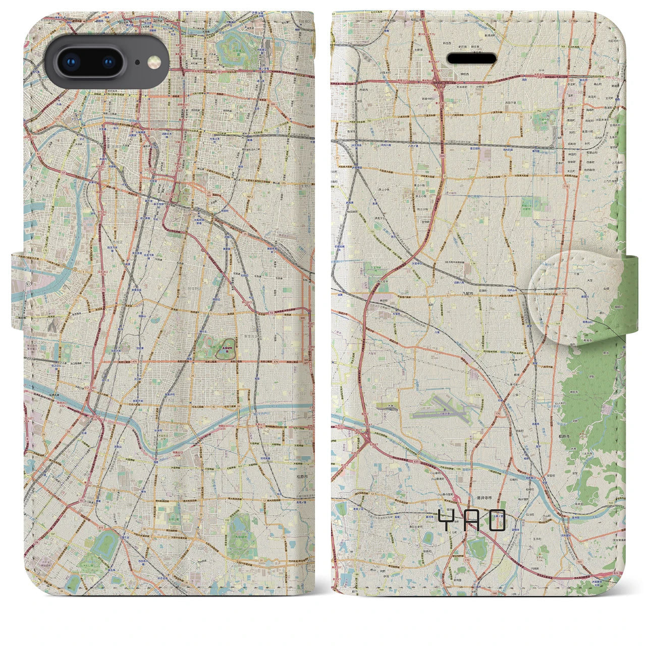 【八尾】地図柄iPhoneケース（手帳両面タイプ・ナチュラル）iPhone 8Plus /7Plus / 6sPlus / 6Plus 用