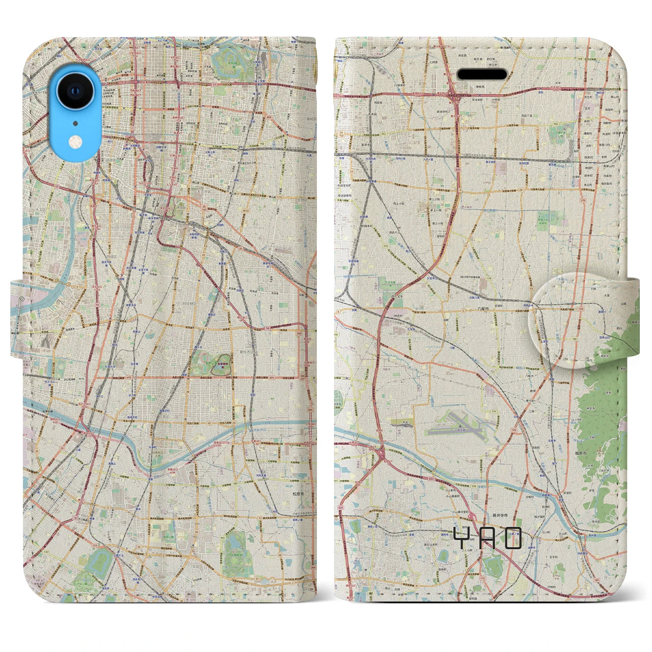 【八尾】地図柄iPhoneケース（手帳両面タイプ・ナチュラル）iPhone XR 用