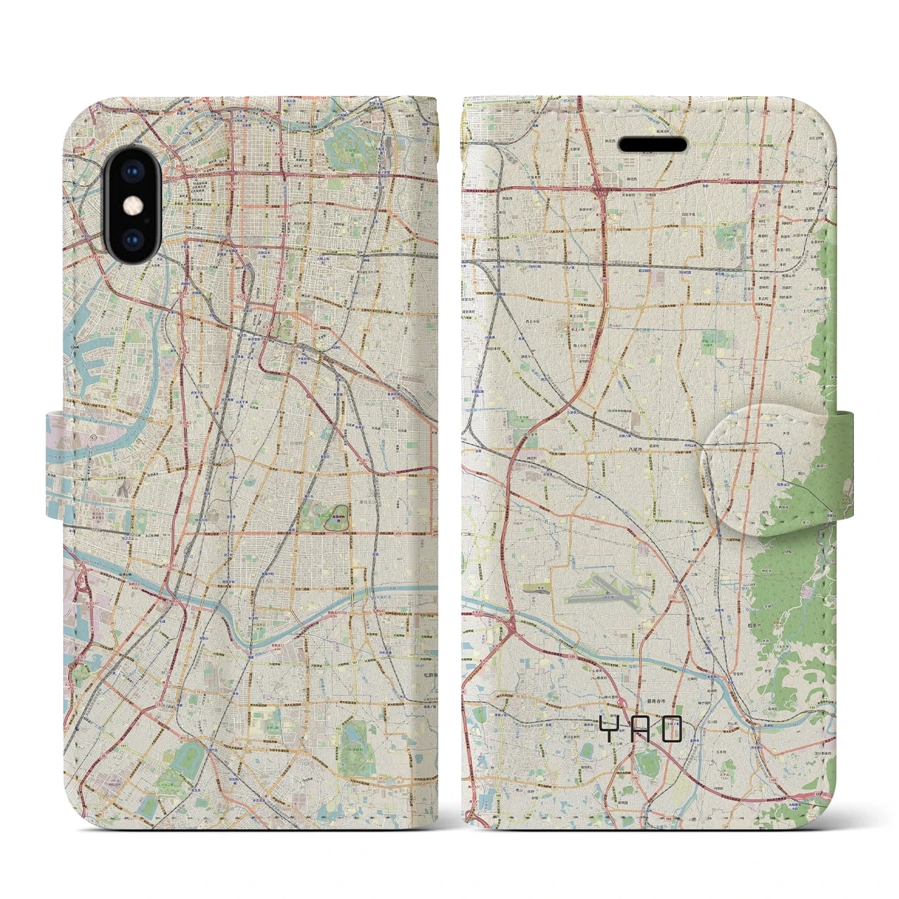 【八尾】地図柄iPhoneケース（手帳両面タイプ・ナチュラル）iPhone XS / X 用