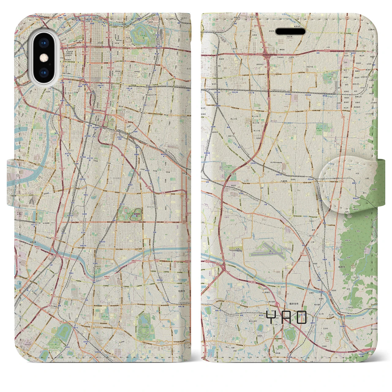 【八尾】地図柄iPhoneケース（手帳両面タイプ・ナチュラル）iPhone XS Max 用