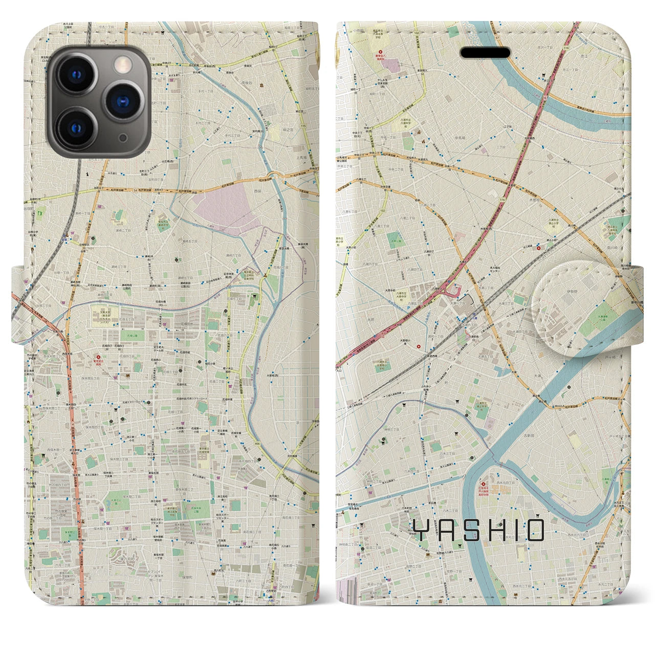 【八潮】地図柄iPhoneケース（手帳両面タイプ・ナチュラル）iPhone 11 Pro Max 用